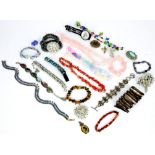 Selection of costume jewellery, including a tigers eye bracelet, a coral necklace,