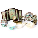 Oriental items to include green hardstone wine cups, decorative china, and other decorative items