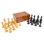 Staunton type Chess Set with red crown mark on the two knights and two rooks in mahogany box