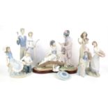 Six Lladro and NAO figures and figural groups to include two geisha on a bridge, H 33cm,