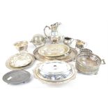 Silver plated entre dishes and a selection of other silver plated items