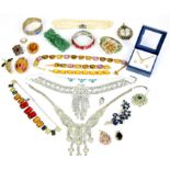 Large selection of costume jewellery, including bead necklaces, brooches, bracelets, earrings,