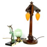 Art Deco marble and onyx table / desk lamp the green glass globe mounted with a figure of a nude