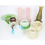 Nine pieces of art glass to include a pair of opaque pink lustre bulb vases, 23cm,