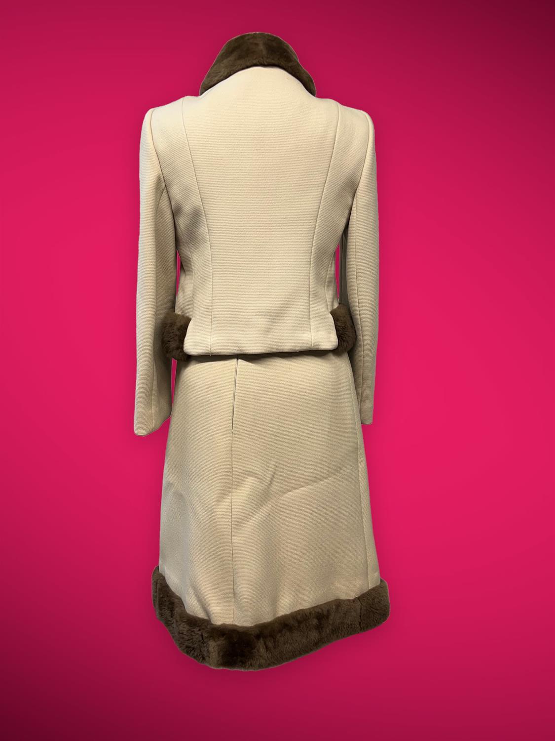 SAKS FIFTH AVENUE early 1960s original cream wool A-line skirt suit trimmed with chocolate brown - Image 2 of 2