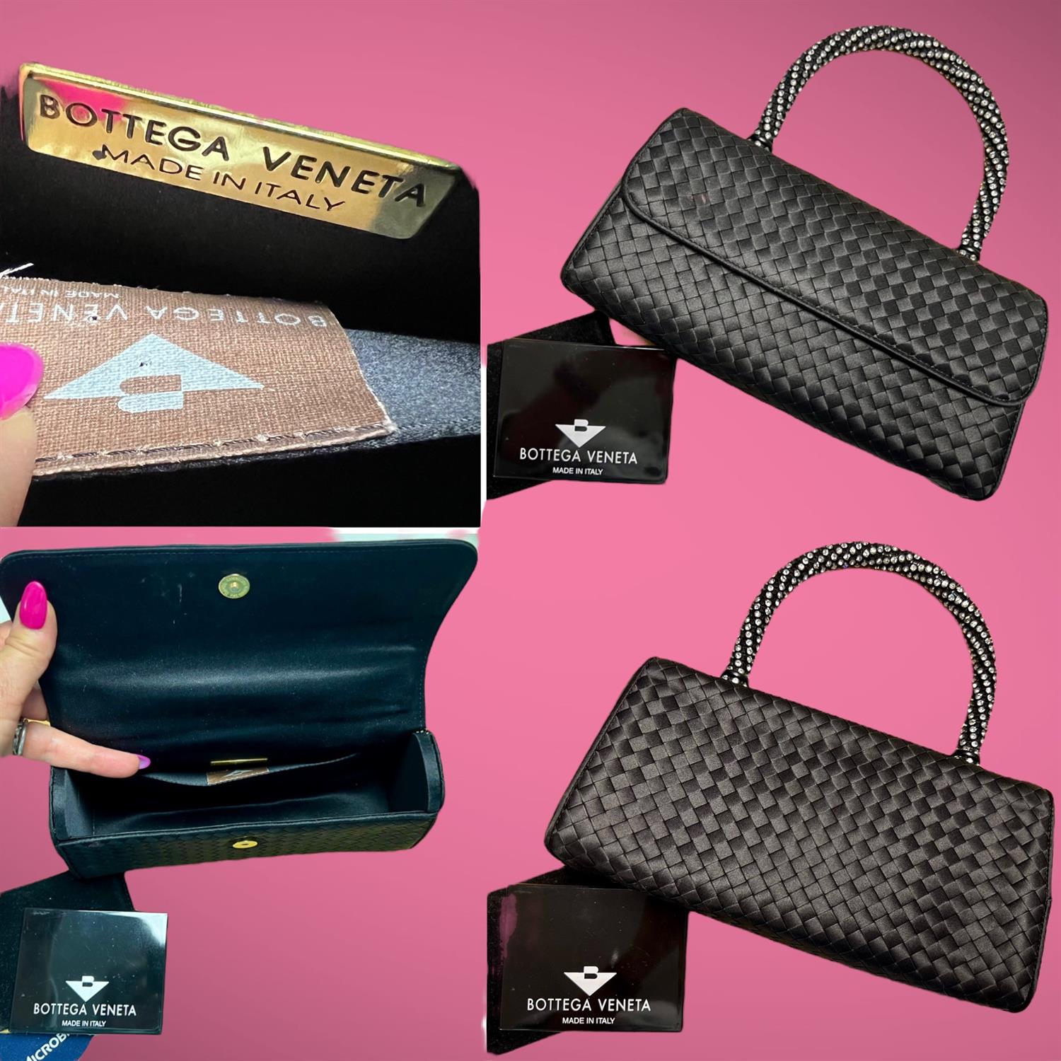 A black satin vintage intreccatio cocktail flap handbag by "BOTTEGA VENETA" with diamante spiral