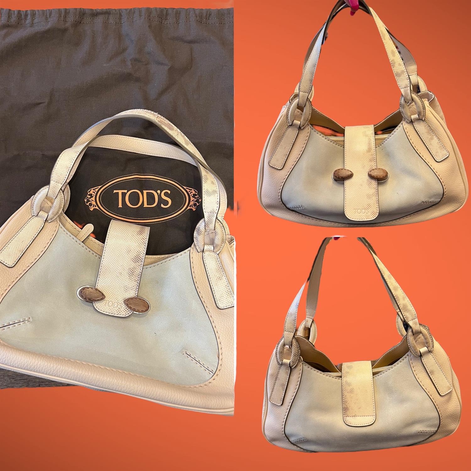TODS superb quality Vintage 1990s softest buff suede and snake leather top handle handbag with