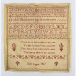 Edwardian needlework practice samplers in a workbook,(including a knitted wool babies bonnet)