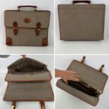 BURBERRY briefcase/laptop bag in buff covert-coat style fabric and tan leather. Classic Burberry
