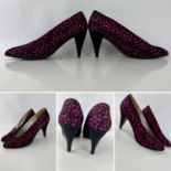 CHRISTIAN DIOR one pair of shocking-pink silk court shoes with black lace overlay and silver