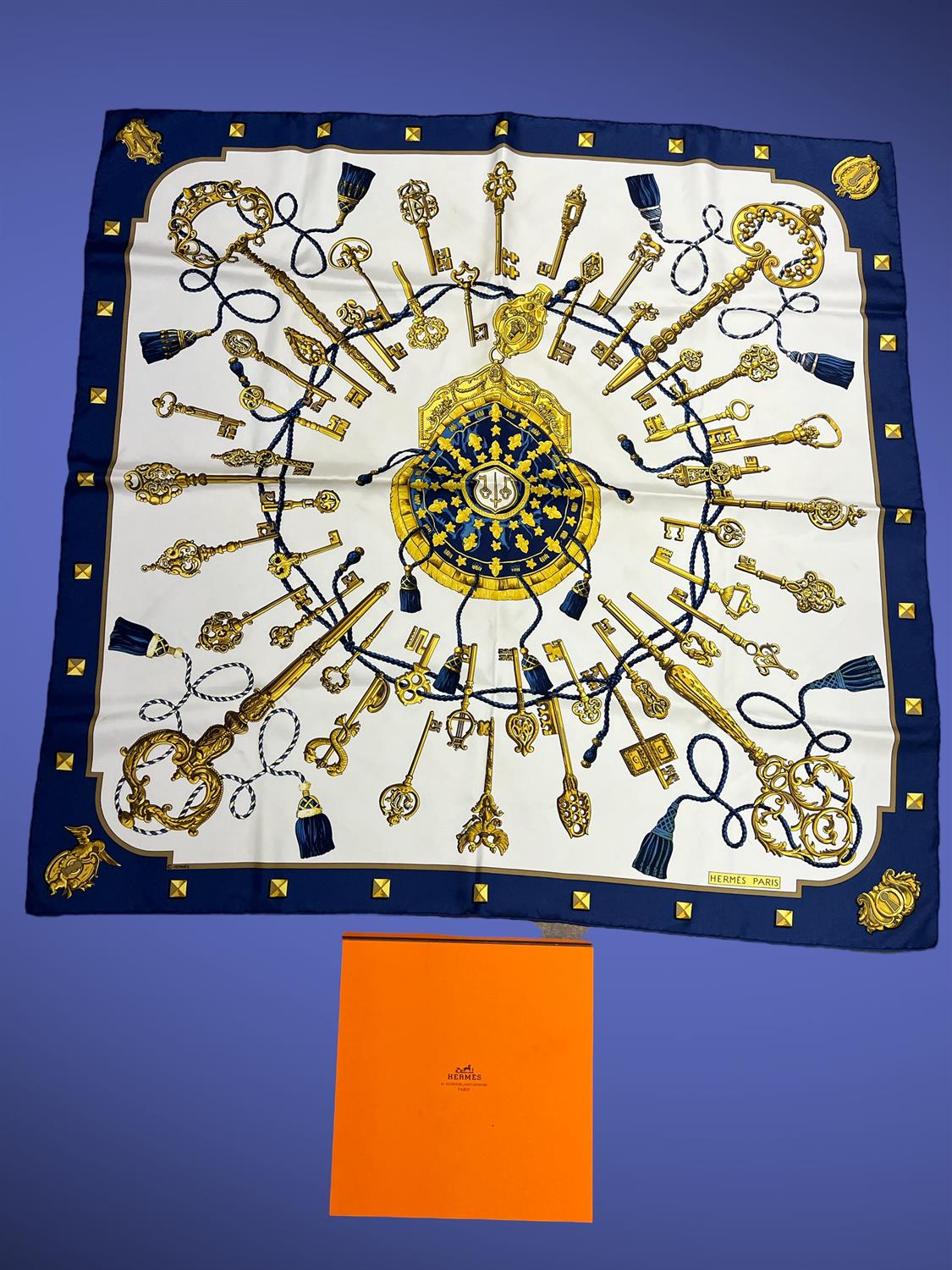 HERMES Boxed scarf "Scarfe Les Clefs" An exquisite Vintage Hermès Silk Scarf, Les Clés or Les Clefs,