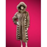 BILL GIBB original early 1970s toffee coloured fox/racoon hooded fur coat with chevron detail.