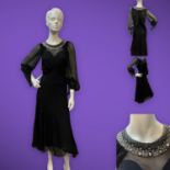 1930s original black silk chiffon long Tea Gown with beaded neck and cuffs, Property of Antionette