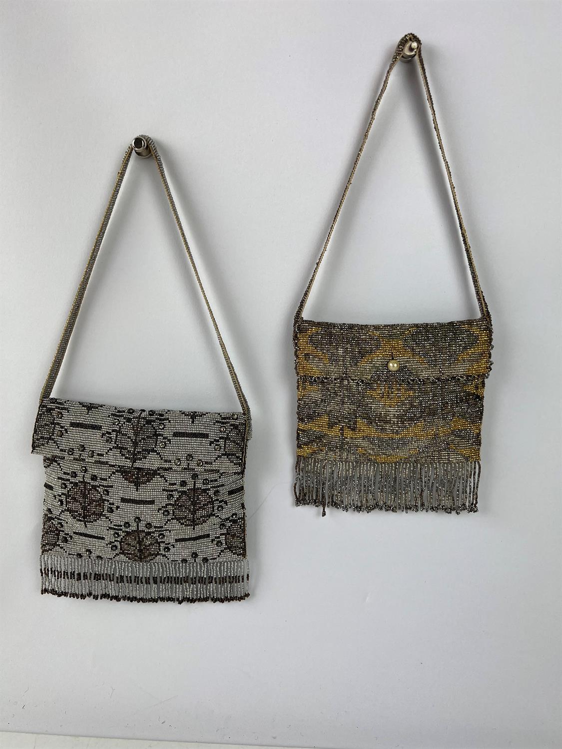 Two Art Nouveau beaded evening wrist/ tango bags  One silver coloured with abstract beetle pattern