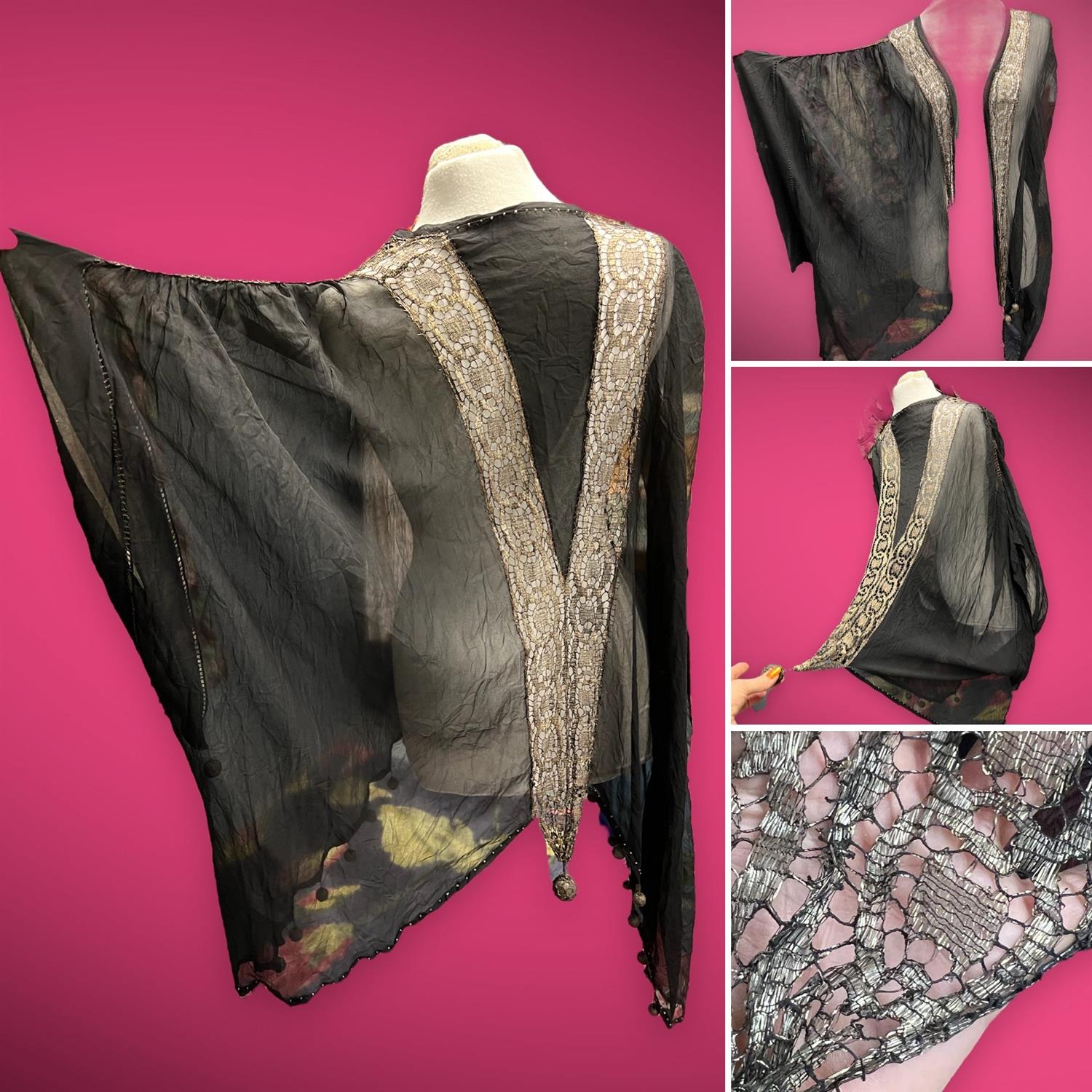 1920s-1930s original black silk-chiffon and crystal beading and gold lame evening flapper wrap with