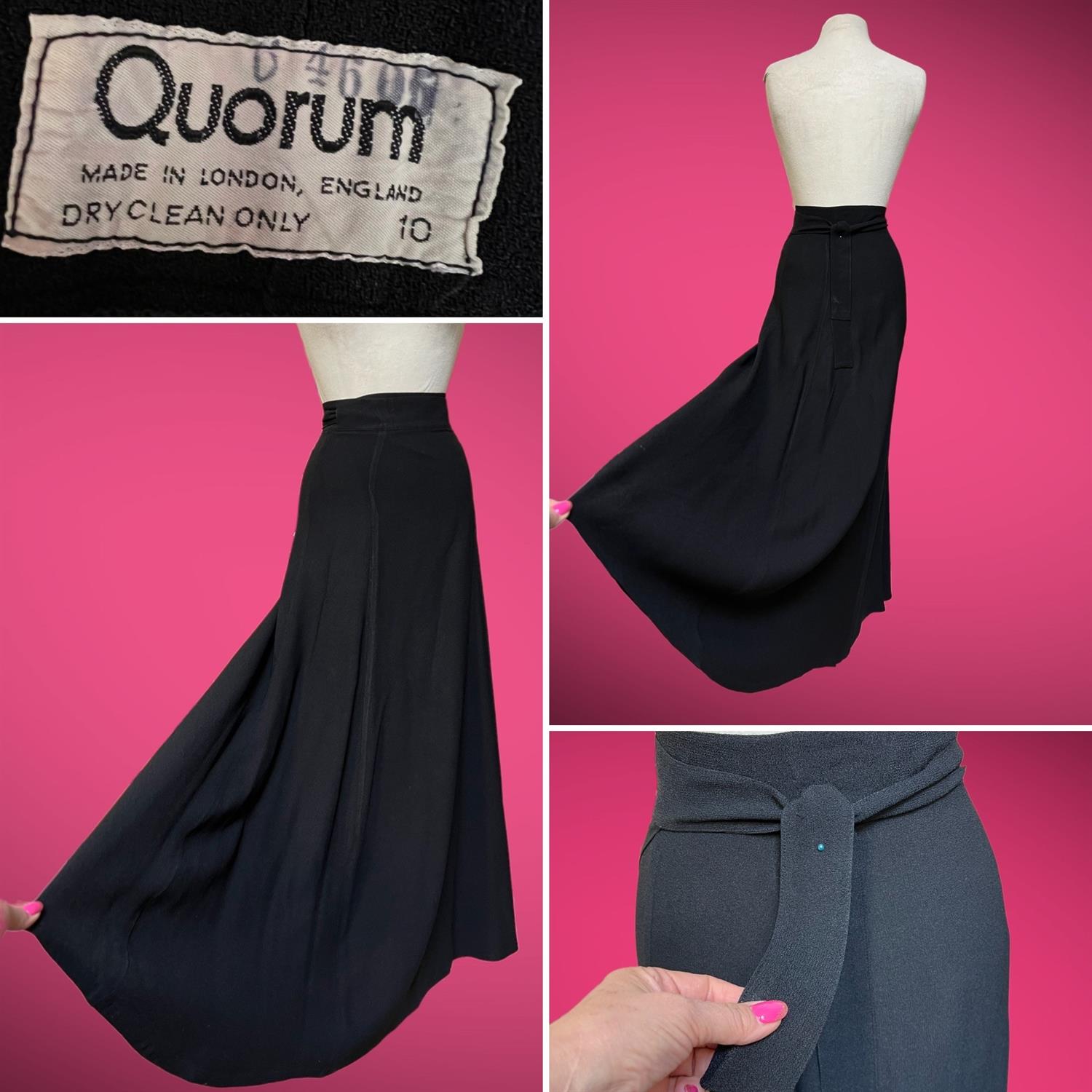 QUORUM. A superb late 1960s original vintage wrap maxi swing skirt in jet-black Moss crêpe.