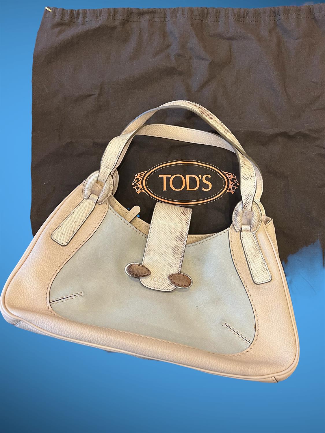 TODS superb quality Vintage 1990s softest buff suede and snake leather top handle handbag with - Image 2 of 3