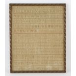 Victorian 1840 Alphabet needlework sampler by Elizabeth Hayden in pale gold cotton/silk thread.