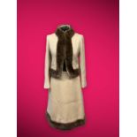 SAKS FIFTH AVENUE early 1960s original cream wool A-line skirt suit trimmed with chocolate brown