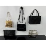 Six nice quality 1960s, 70s and 80s evening bags. One 1980s black satin from BLOOMINGDALES.