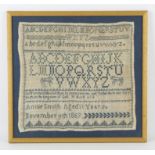 Victorian 1869 cotton thread needlework practice sampler by Annie Smith aged eleven.