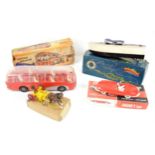 Lang Craft Electric powerboat, Mettoy motor coach, Scalecraft Jaguar E Type, and a Charbens Horse &