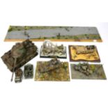 Eight WWII military dioramas, with figures, tanks and personnel carriers, and other items etc.,