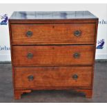 19th century mahogany three drawer chest on bracket feet, h91.5 x w89.5 x d49cm,