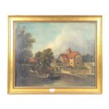 Nineteenth-century European School, landscape with mill and figures to foreground, oil on canvas,