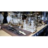 Collection of silver plate, to comprise tea and coffee pots, two branch candelabra,