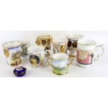Collection of commemorative porcelain mugs cups and vases, together with a commemorative hardstone