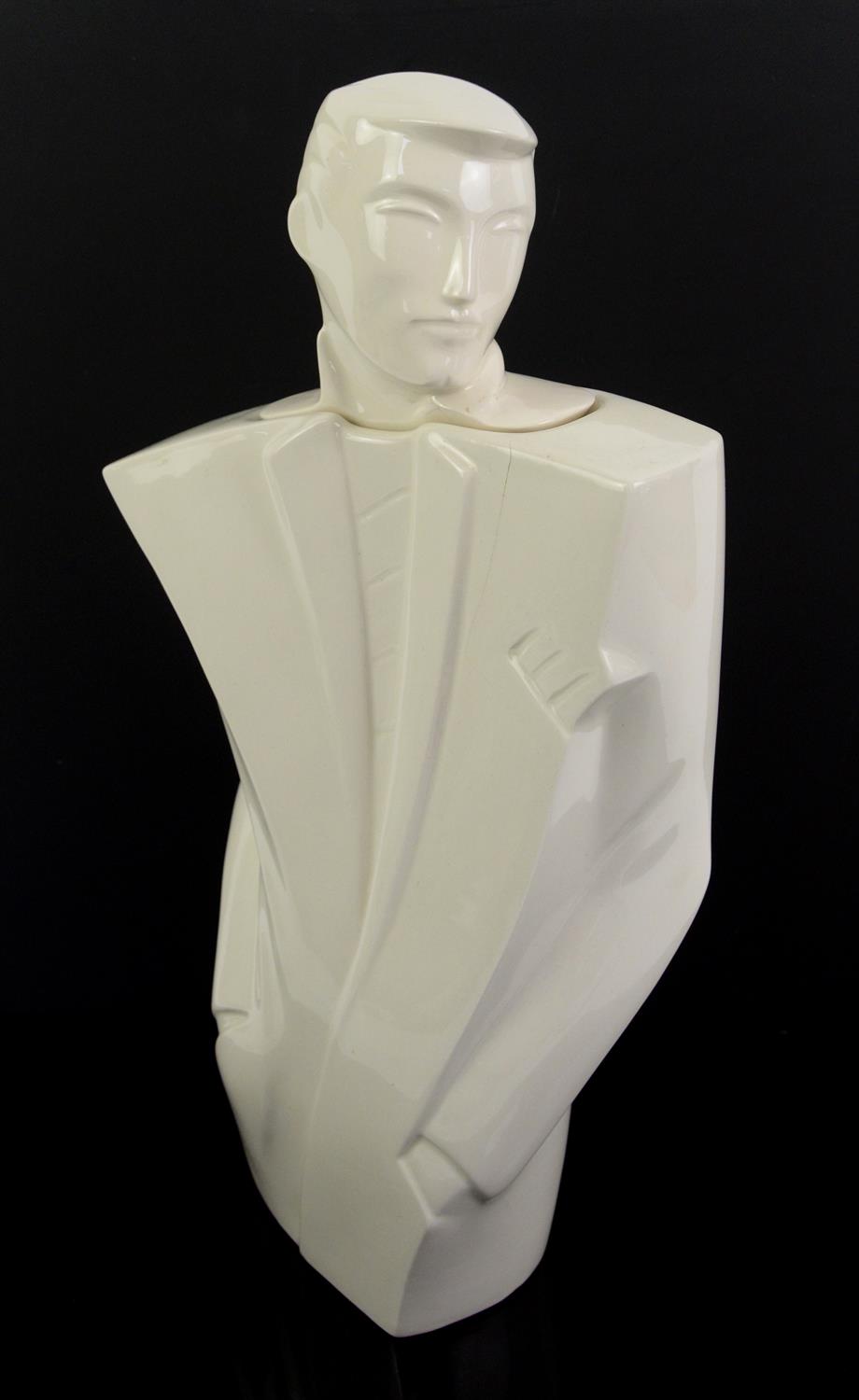 Lindsey B. white glazed jar and cover as the torso of a man wearing a jacket, 1983, 39cm high,