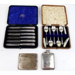 Silver cigarette case, hip flask, three mother of pearl handled pen knives, five teaspoons,