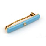 14 carat gold and blue enamel bar brooch set with single seed pearl