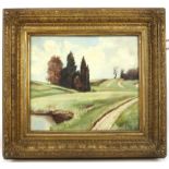 A. Dimitry (twentieth century), landscape with pond and road to foreground, oil on canvas board,