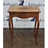 Walnut table, with geometrically inlaid shaped top, on cabriole legs, 73cm high x 58cm wide x