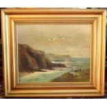 Twentieth-century British School, coastal scene with figures and dog to foreground, oil on canvas,