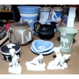 Wedgwood blue jasperware bulb pot, in the 18th century style, 20th century, decorated with bands of
