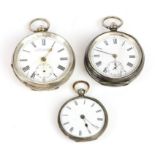 Two 935 grade silver gents pocket watches and a white metal fob watch