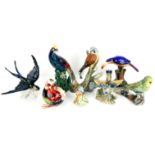 Collection of porcelain bird groups including a pair by Hancock & Sons, Karl Ens, Tuscan China,