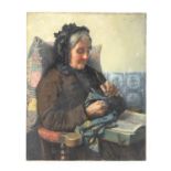 Lionel J. Cowen, portrait of an old woman cleaning her reading glasses, oil on canvas, signed, 53.