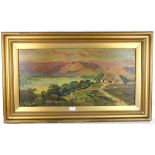 Twentieth-century British School, rural landscape with lake and mountains, oil on canvas,