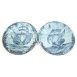 Pair of 20th century Italian pottery chargers depicting sailing ships, signed A. Vallauri,