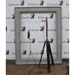 Pine picture frame, 19th Century, painted grey, 180 x 148.5cm, together with a brass and teak