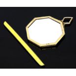 Guilloche yellow enamel and silver hand or purse mirror with matching comb sleeve by George