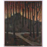 C. Mouchos (European, twentieth century), winter landscape at sunset with trees to foreground,