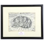 Celia Pipe (b. 1952).  A Sleeping Cat. Graphite. Signed with initials lower left and artist's label