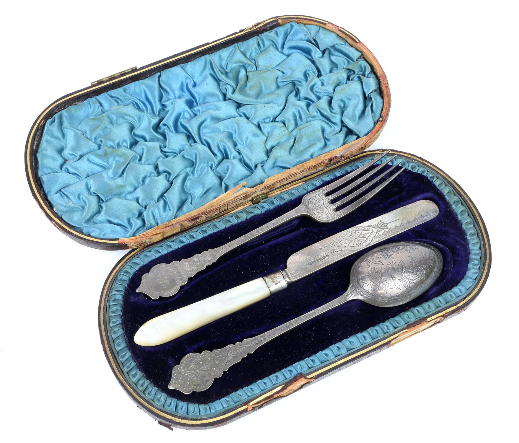 Cased Brightcut Silver 3 piece christening set with floral and fauna design by Hilliard and