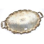 Silver plated twin handled tray with shell and scroll borders engraved decoration with four shaped