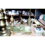 Two pairs of Victorian brass candlesticks, 22 cm high, together with two brass plates probably